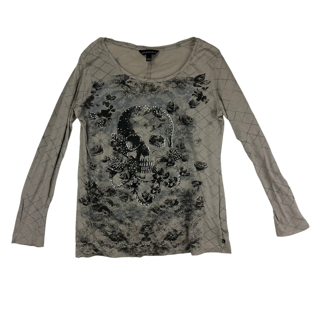 Rock & Republic Womens Large Skull Rhinestone Long Sleeve Graphic Top Grey L